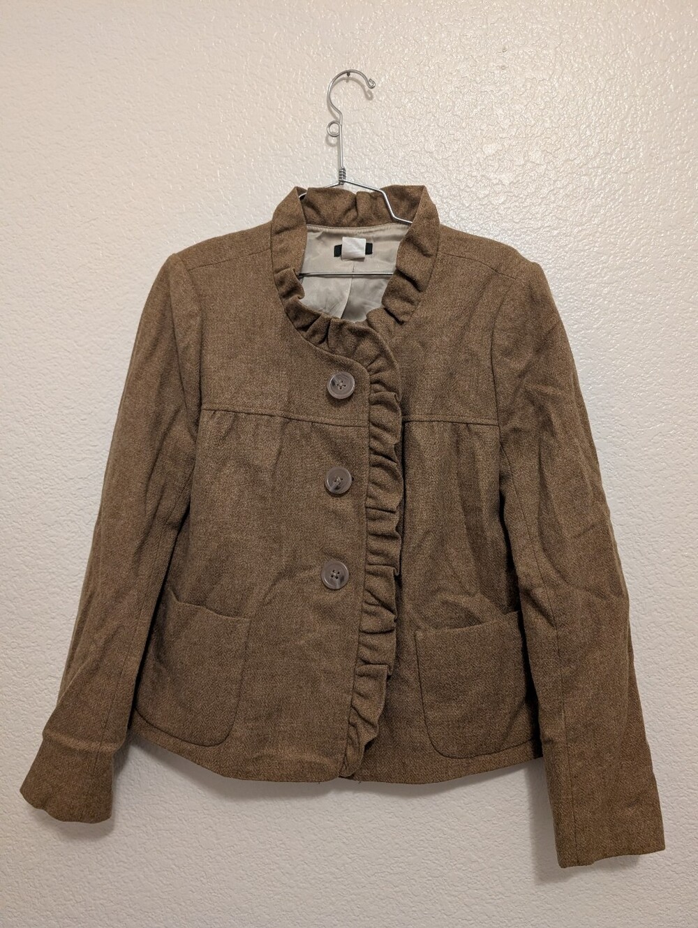 J Crew Vintage Ruffle Jacket Wool Camel Blazer Size 10